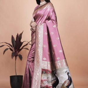 Rosewood Pink Banarasi Silk Saree with Golden Zari & Peacock Pallu | Wedding, Festive & Traditional Wear