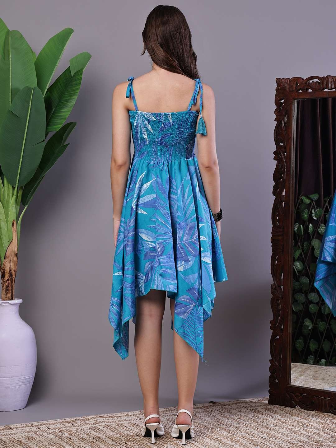Women's Blue Printed Asymmetrical Hem Smocked A-Line Dress Midi Dresses - Image 2