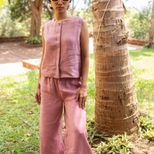 Women's Cotton Solid V Neck Sleeveless 2 Piece Outfit Loose Tank Top and Wide Leg Palazzo Pants Sets cord set ( Baby Pink )